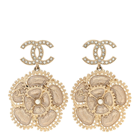 Crystal Pearl Camellia CC Drop Earrings Gold
