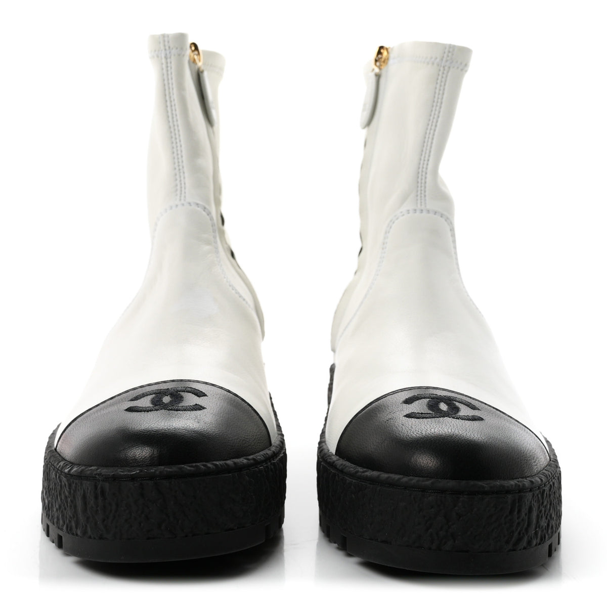 Stretch Lambskin Cap Toe CC Ankle Boots 38 White Black