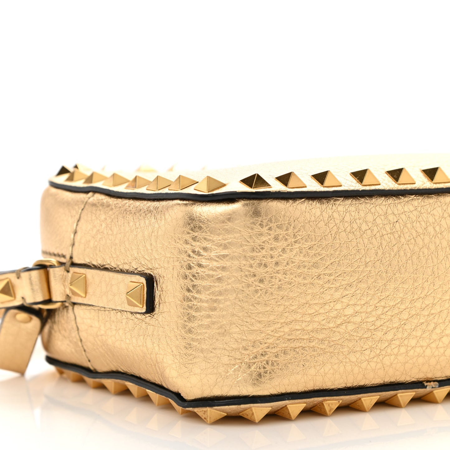 Metallic Pebbled Calfskin Rockstud Camera Crossbody Bag Gold