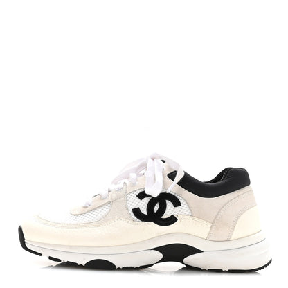 Chanel Mesh Suede Calfskin Grained Calfskin Womens CC Sneakers 38.5 White Black 1 of 9