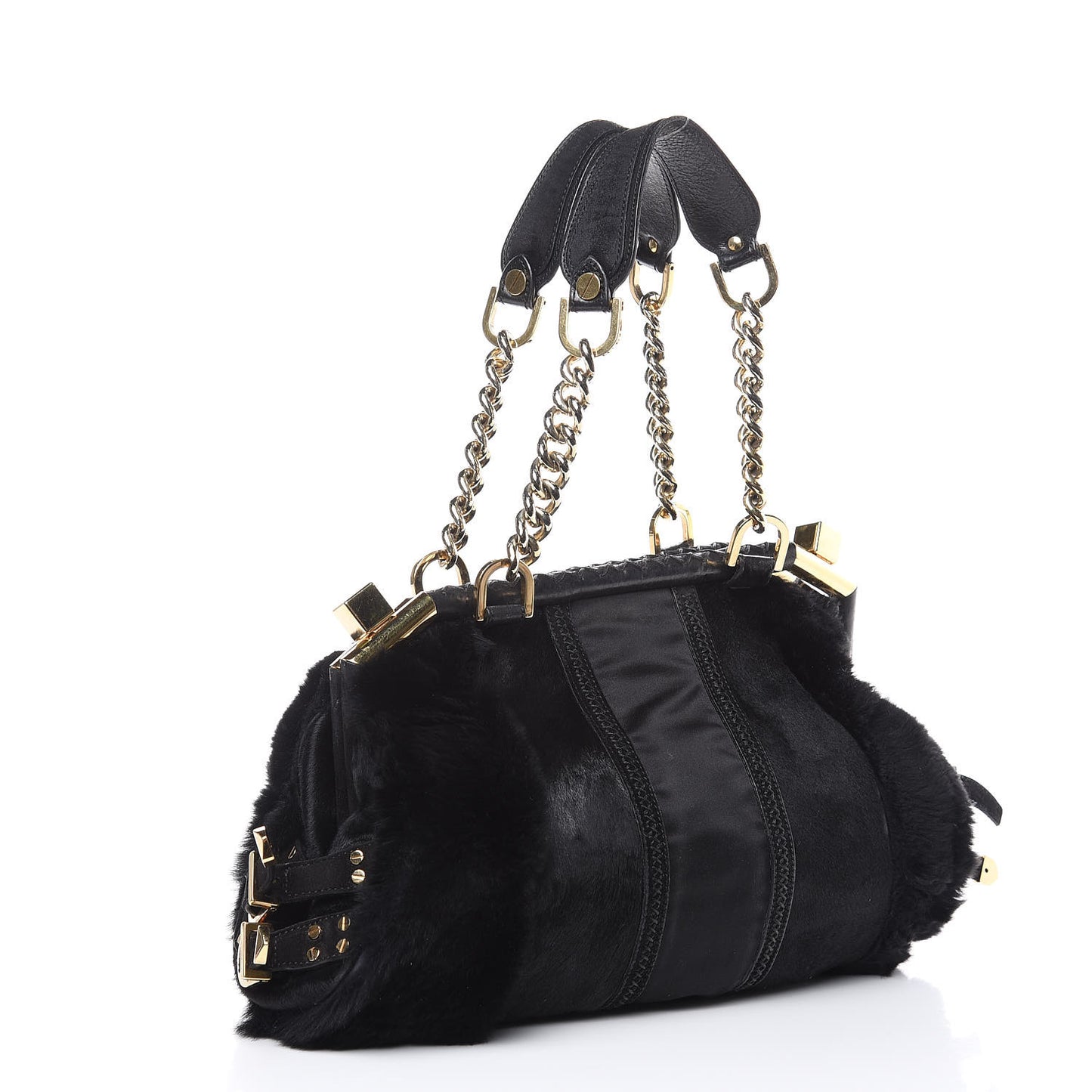 Fur Satin Chain Shoulder Bag Black