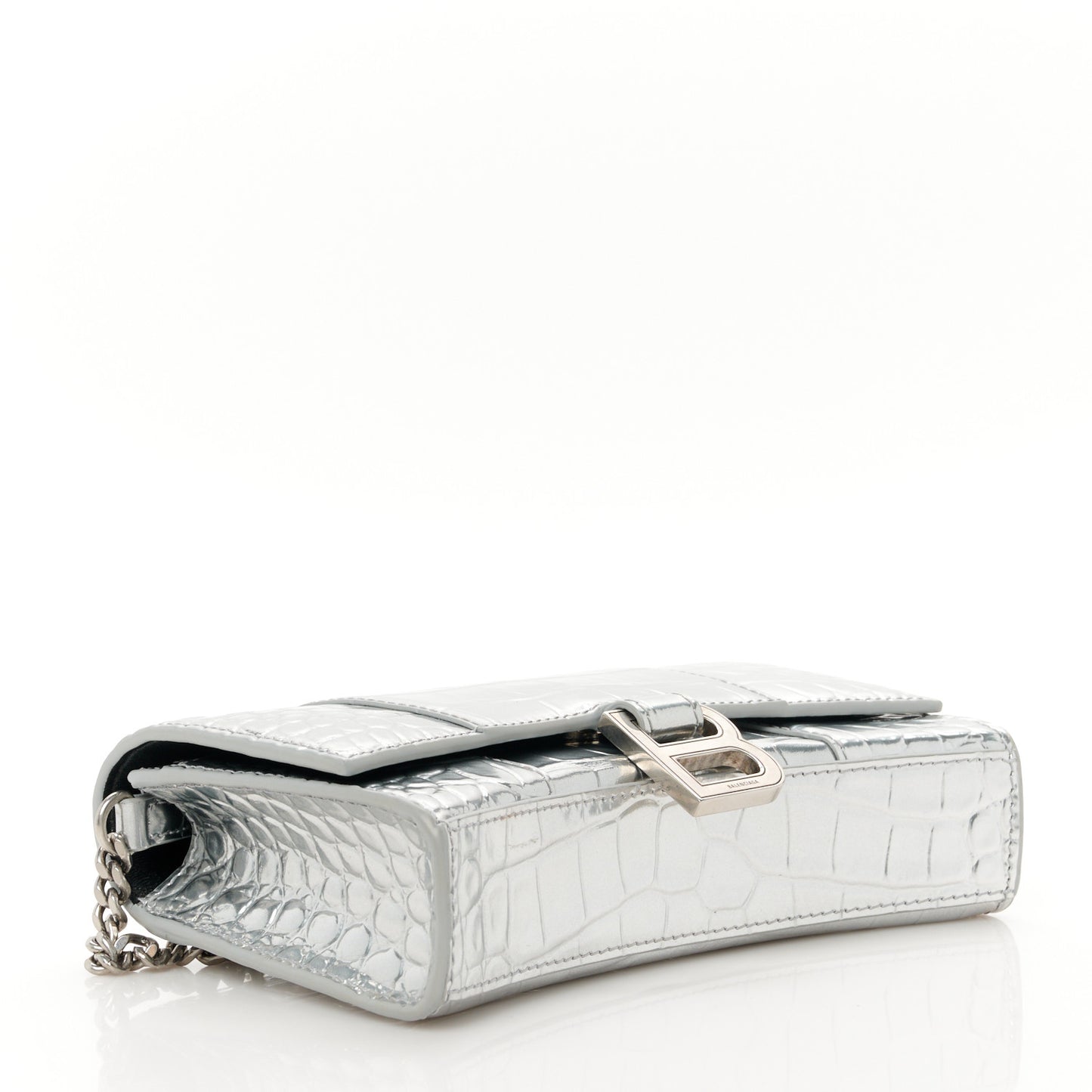 Metallic Calfskin Crocodile Embossed Hourglass Chain Bag  Silver