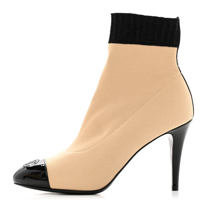 Chanel Jersey Patent CC Cap Toe Short Boots 38 Beige Black 1 of 9