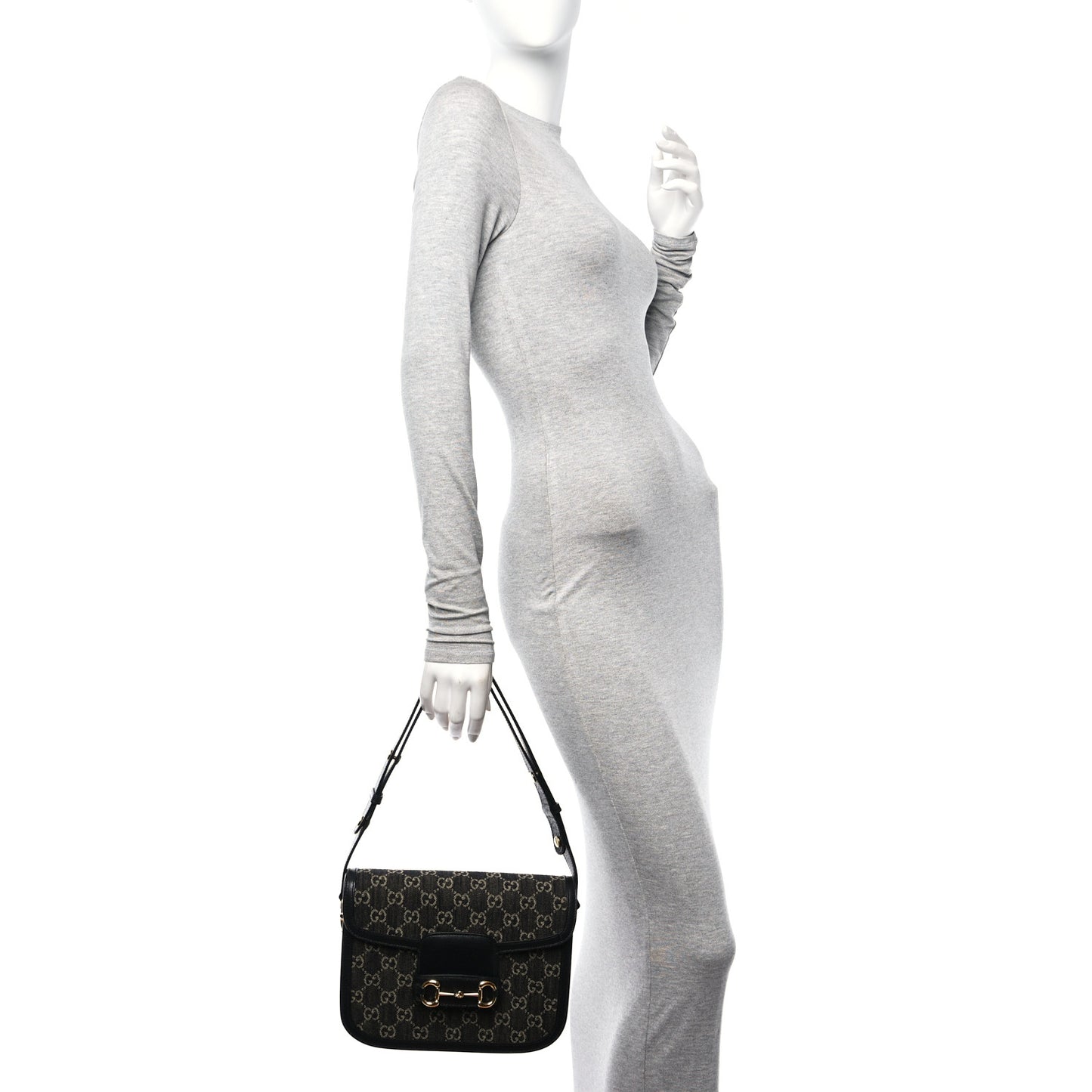 Jacquard Black Denim GG Monogram Textured Dollar Calfskin Horsebit 1955 Shoulder Bag Black Ivory