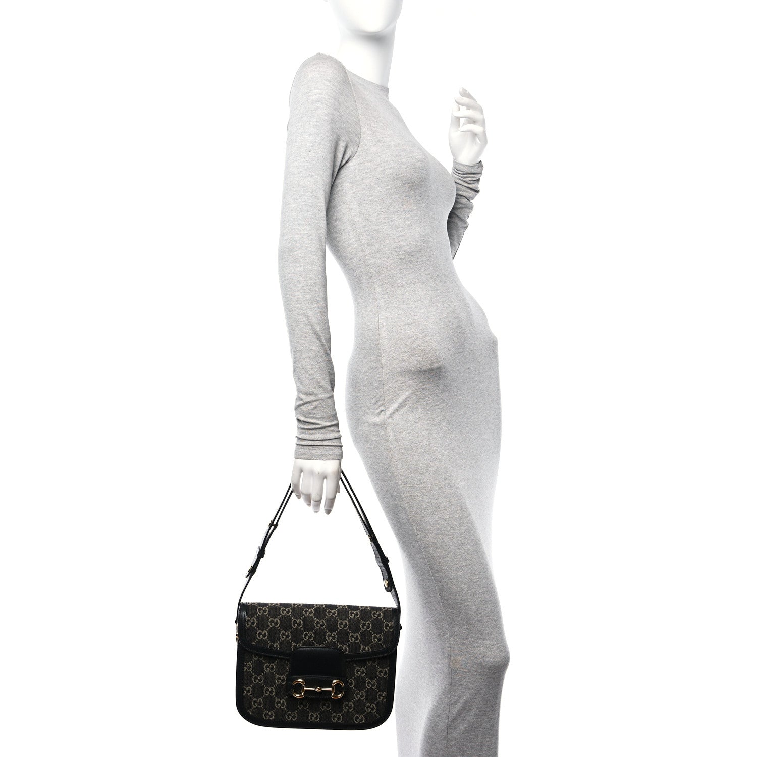 Gucci Jacquard Black Denim GG Monogram Textured Dollar Calfskin Horsebit 1955 Shoulder Bag Black Ivory 2 of 12