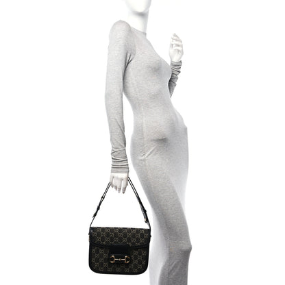 Gucci Jacquard Black Denim GG Monogram Textured Dollar Calfskin Horsebit 1955 Shoulder Bag Black Ivory 2 of 12