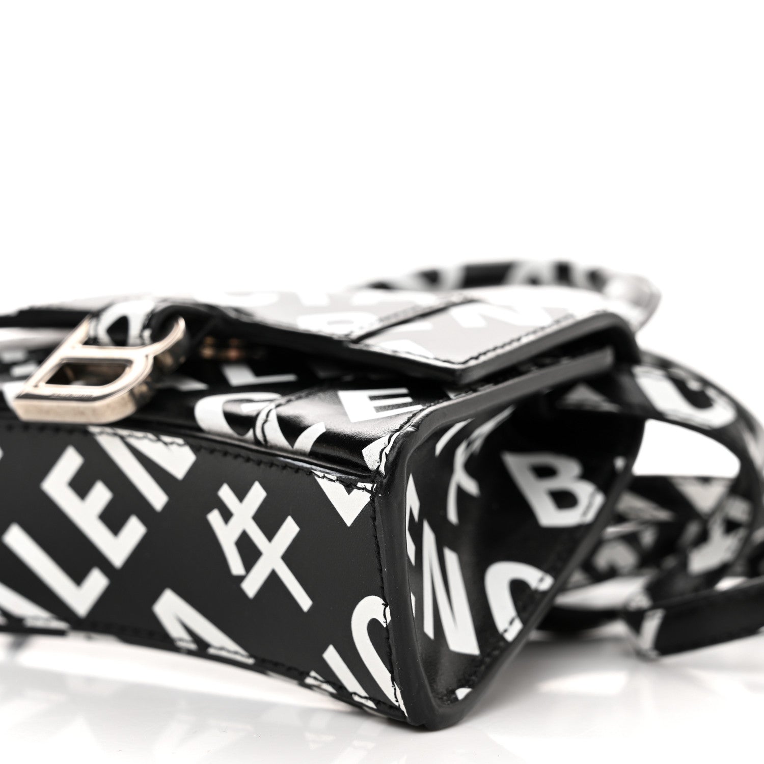 Balenciaga Smooth Calfskin Allover Logo Print Hourglass Top Handle Bag Mini Black White 10 of 11