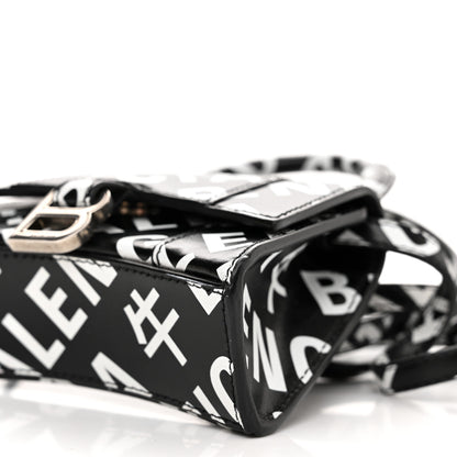 Balenciaga Smooth Calfskin Allover Logo Print Hourglass Top Handle Bag Mini Black White 10 of 11