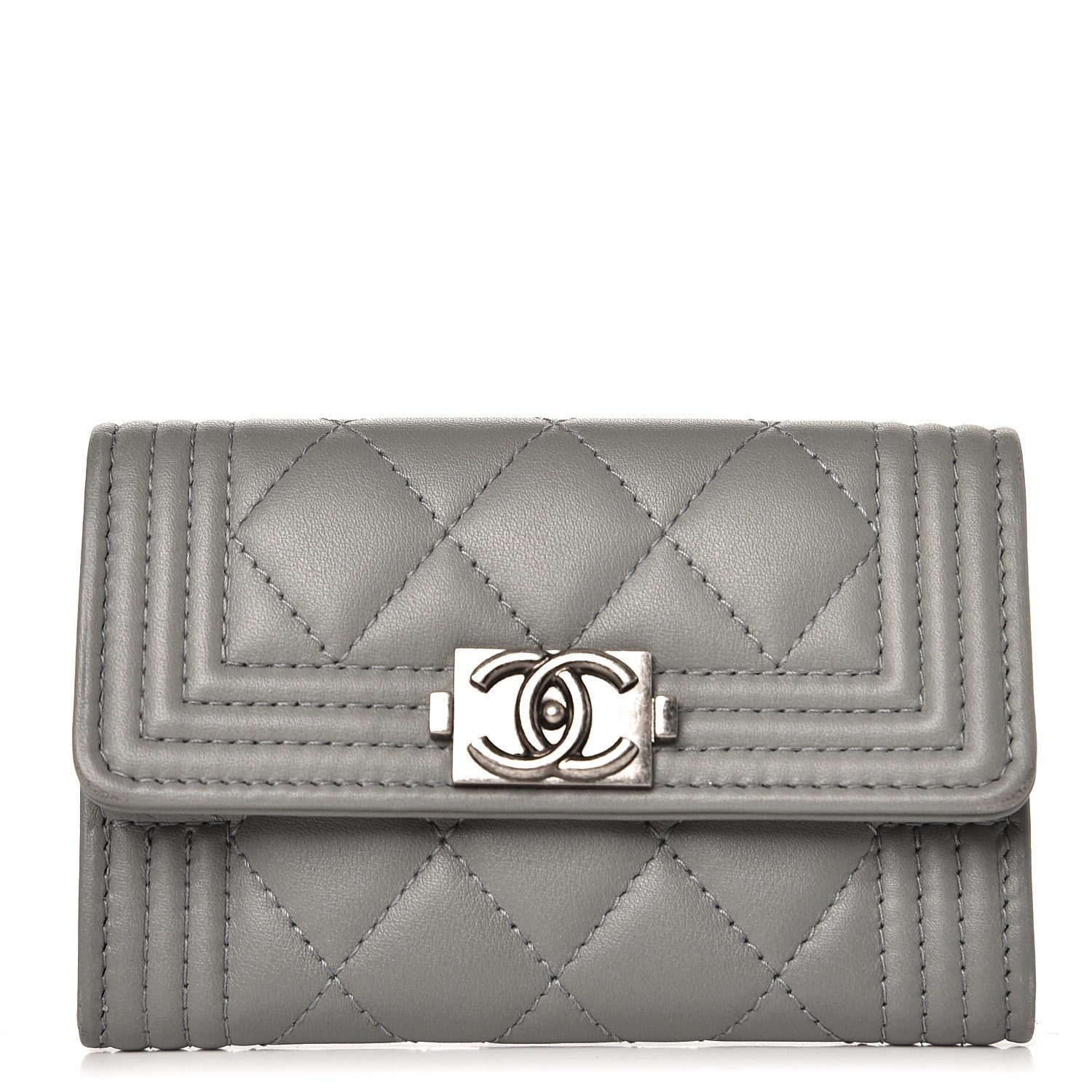 Chanel Lambskin Quilted Boy Card Holder Wallet Grey 1 of 9