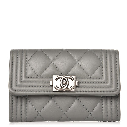 Chanel Lambskin Quilted Boy Card Holder Wallet Grey 1 of 9