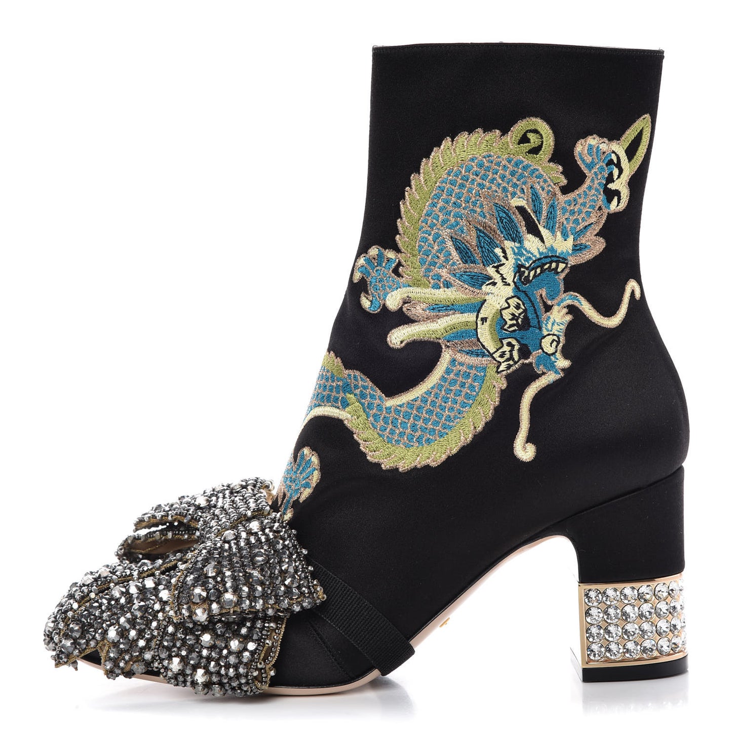 Silk Satin Malaga Kid Embroidered Candy Dragon Block-Heel Ankle Boot 37 Black