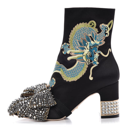 Gucci Silk Satin Malaga Kid Embroidered Candy Dragon Block-Heel Ankle Boot 37 Black 1 of 13