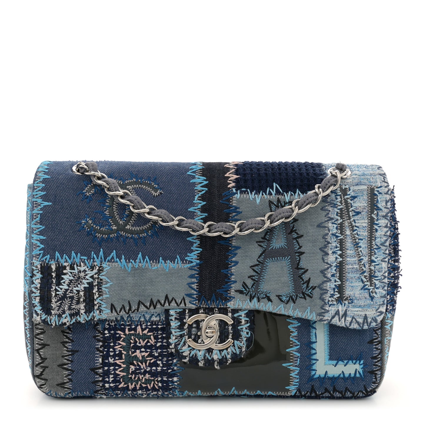 Denim Tweed Patchwork Jumbo Single Flap Blue