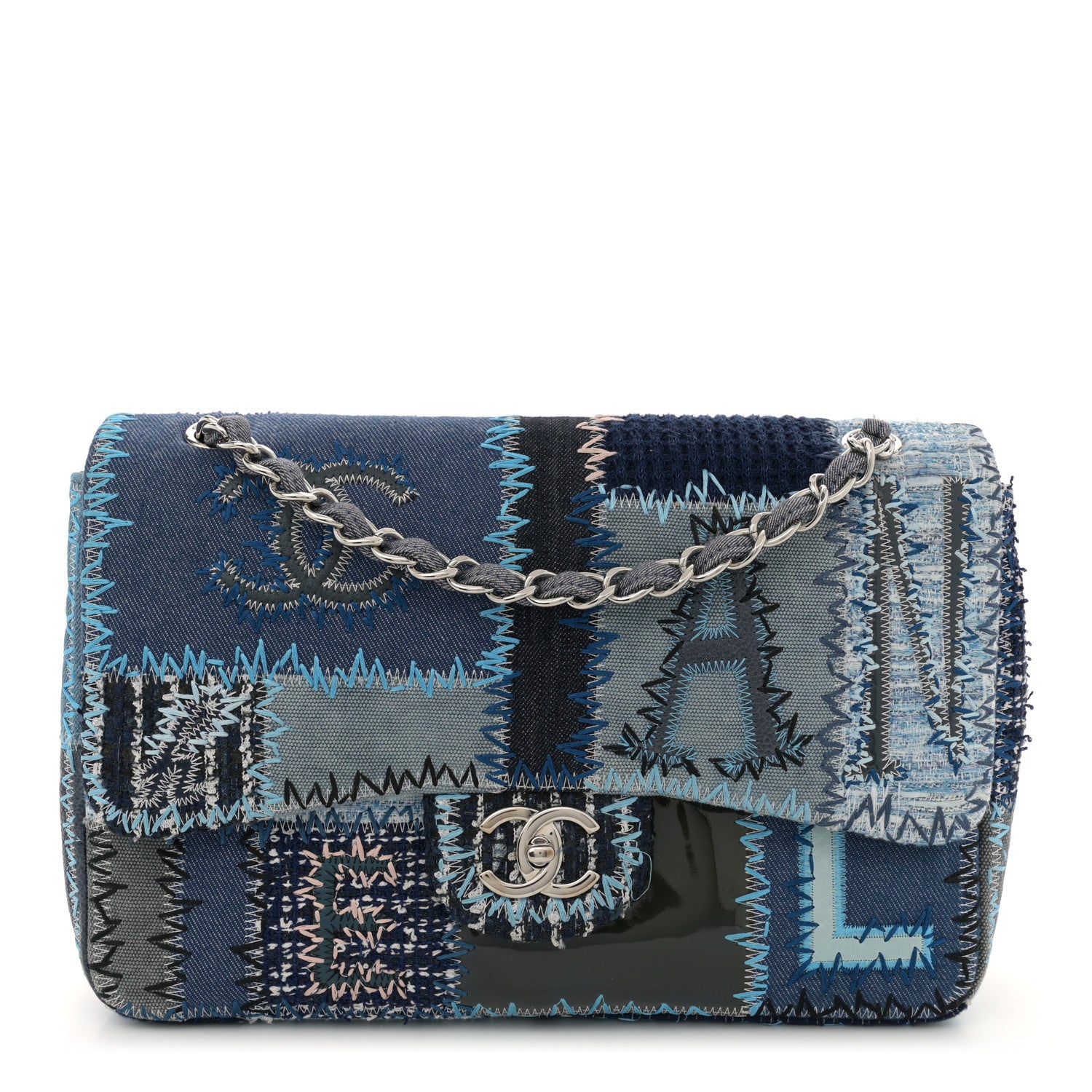 Chanel Denim Tweed Patchwork Jumbo Single Flap Blue 1 of 12