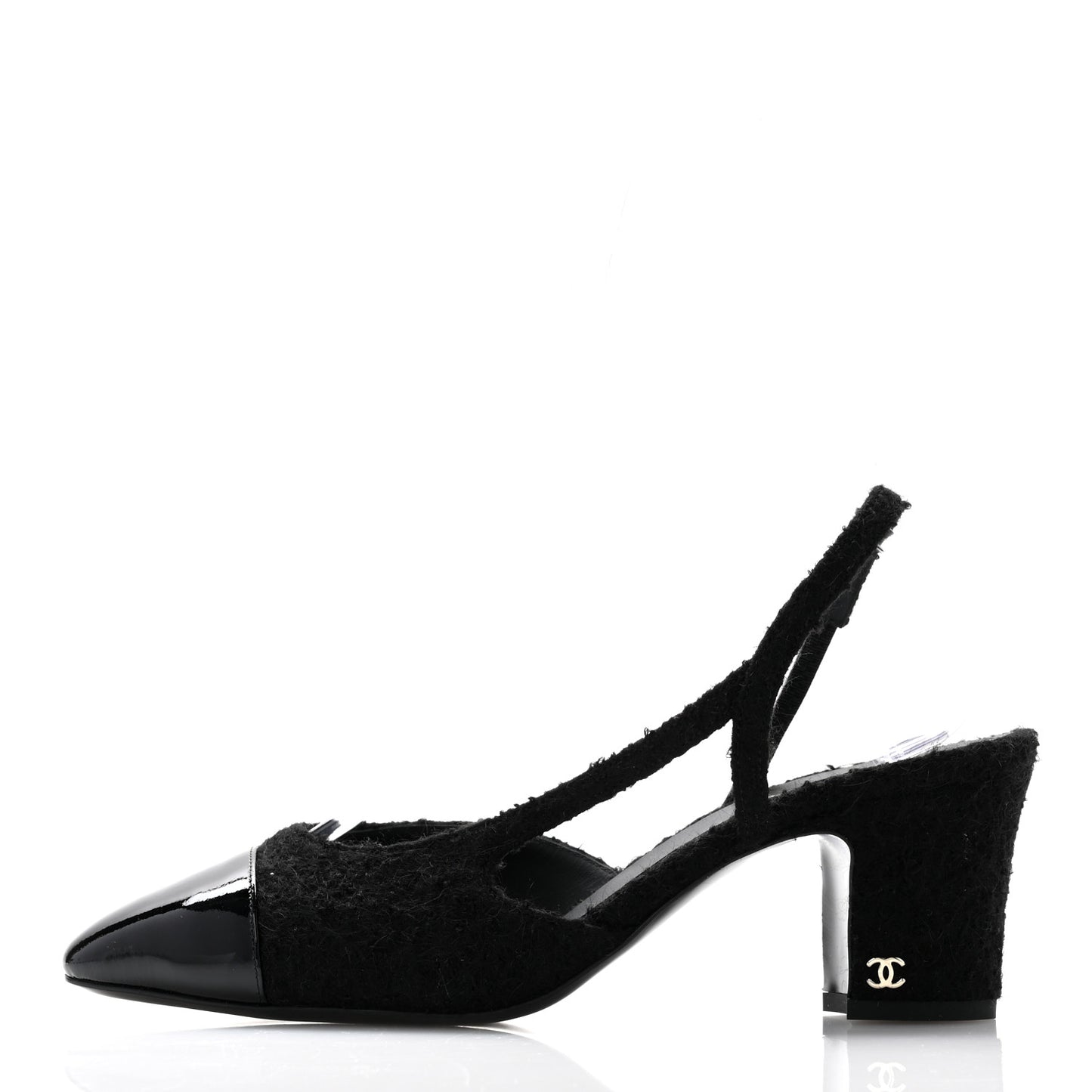 Tweed Patent Cap Toe CC Slingback Pumps 40 Black