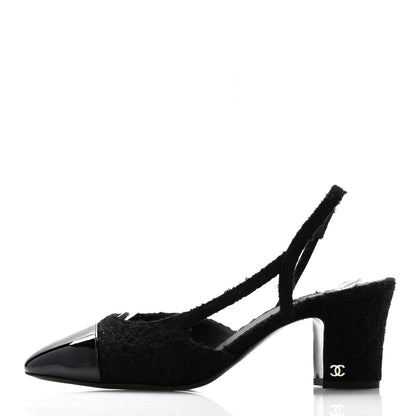 Chanel Tweed Patent Cap Toe CC Slingback Pumps 40 Black 1 of 9