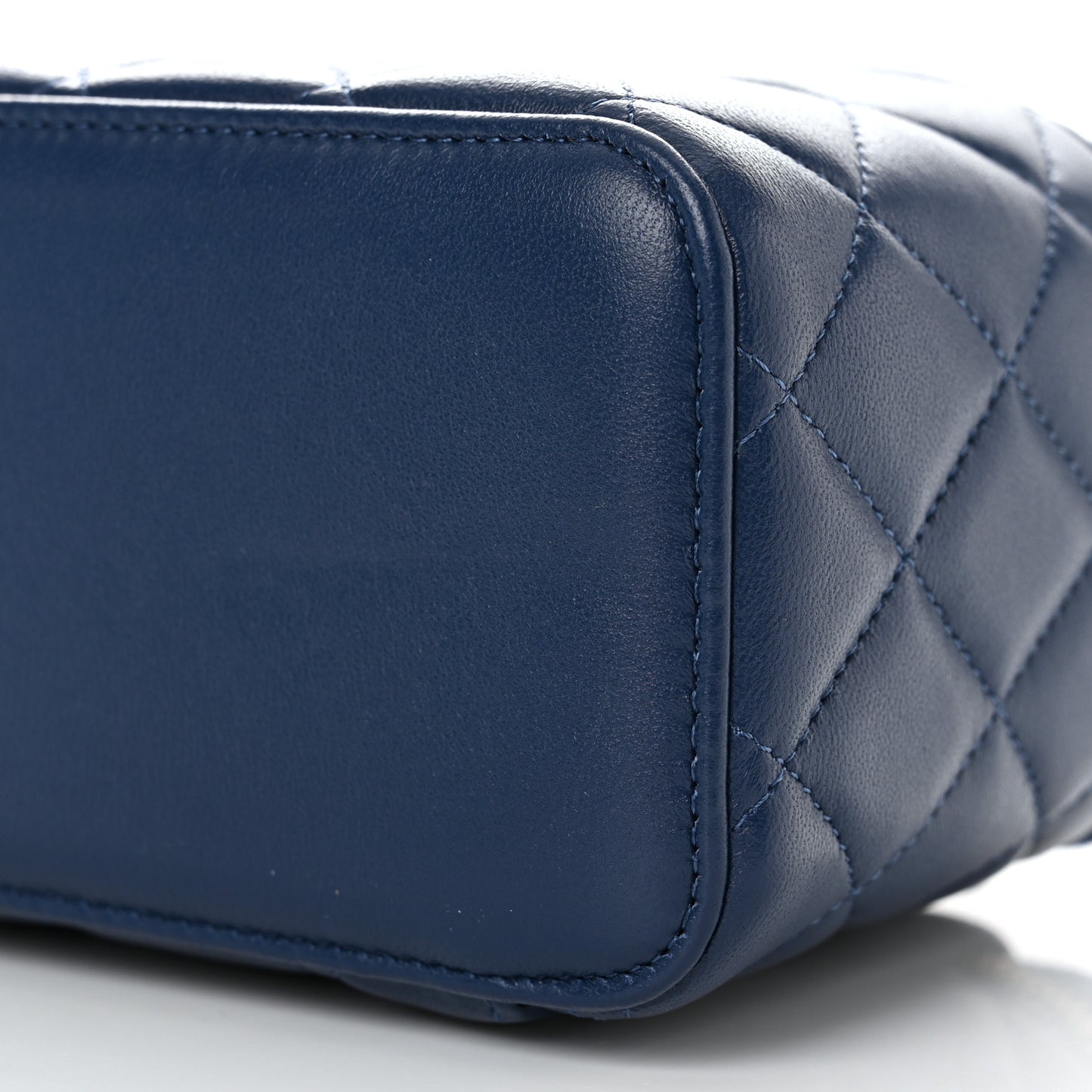 Lambskin Quilted Small Top Handle Vanity Case With Chain Dark Blue