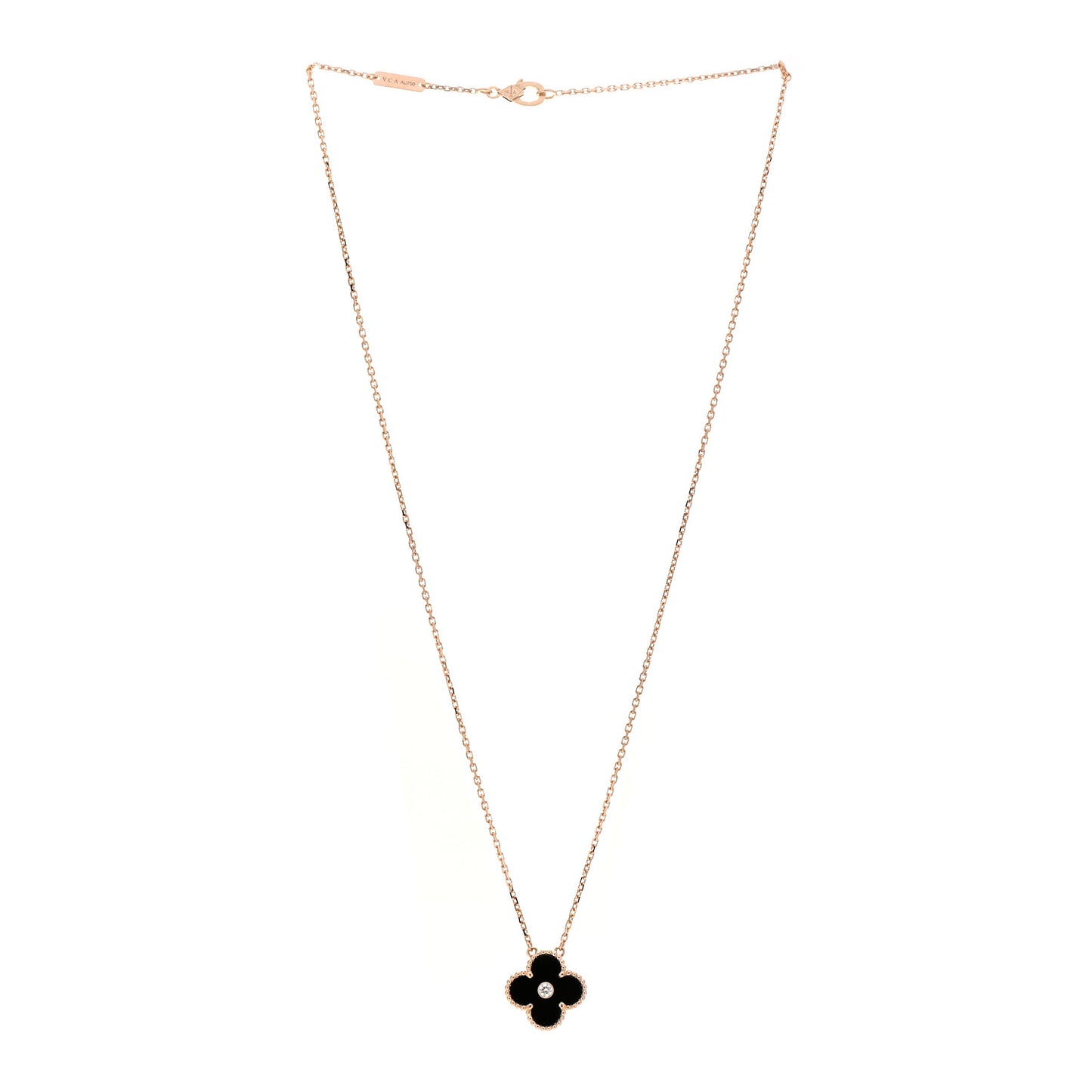 18K Rose Gold Diamond Black Onyx Vintage Alhambra Pendant Necklace