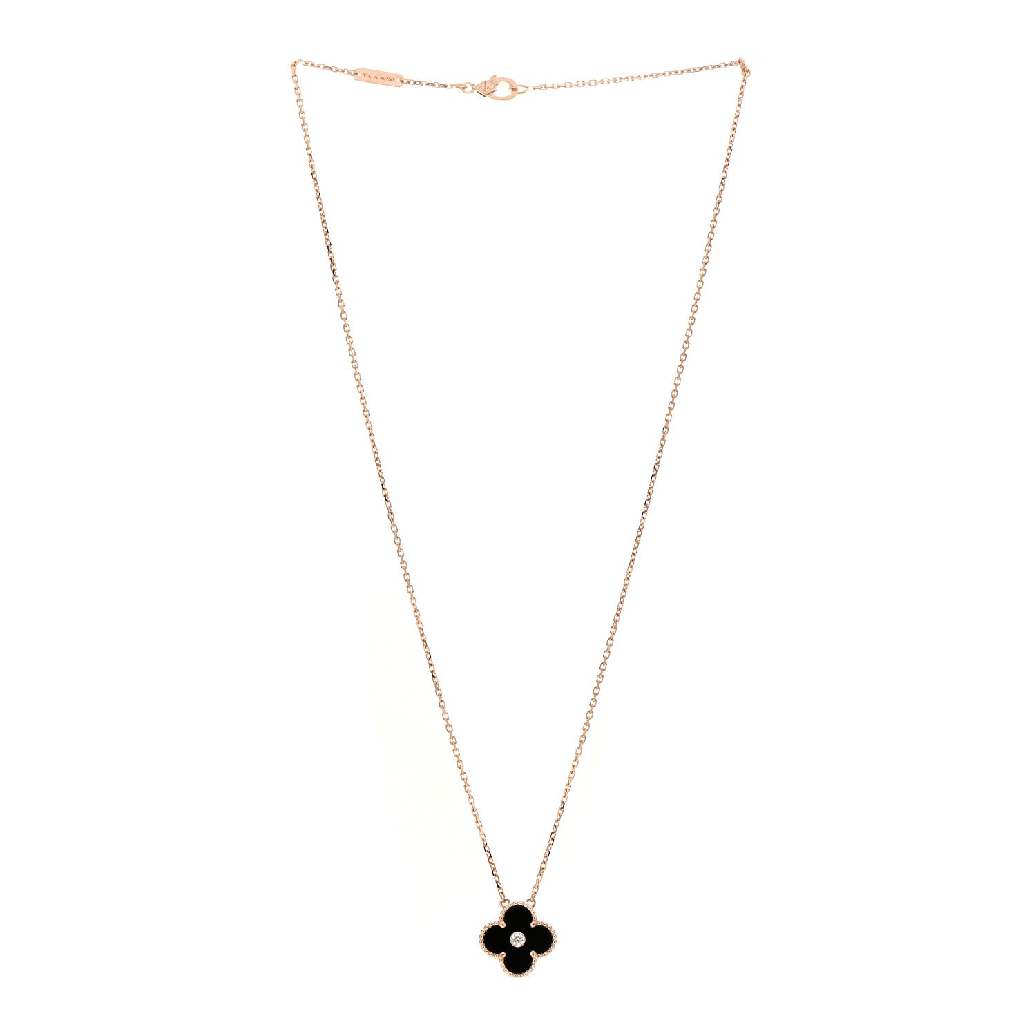 Van Cleef & Arpels 18K Rose Gold Diamond Black Onyx Vintage Alhambra Pendant Necklace 3 of 7