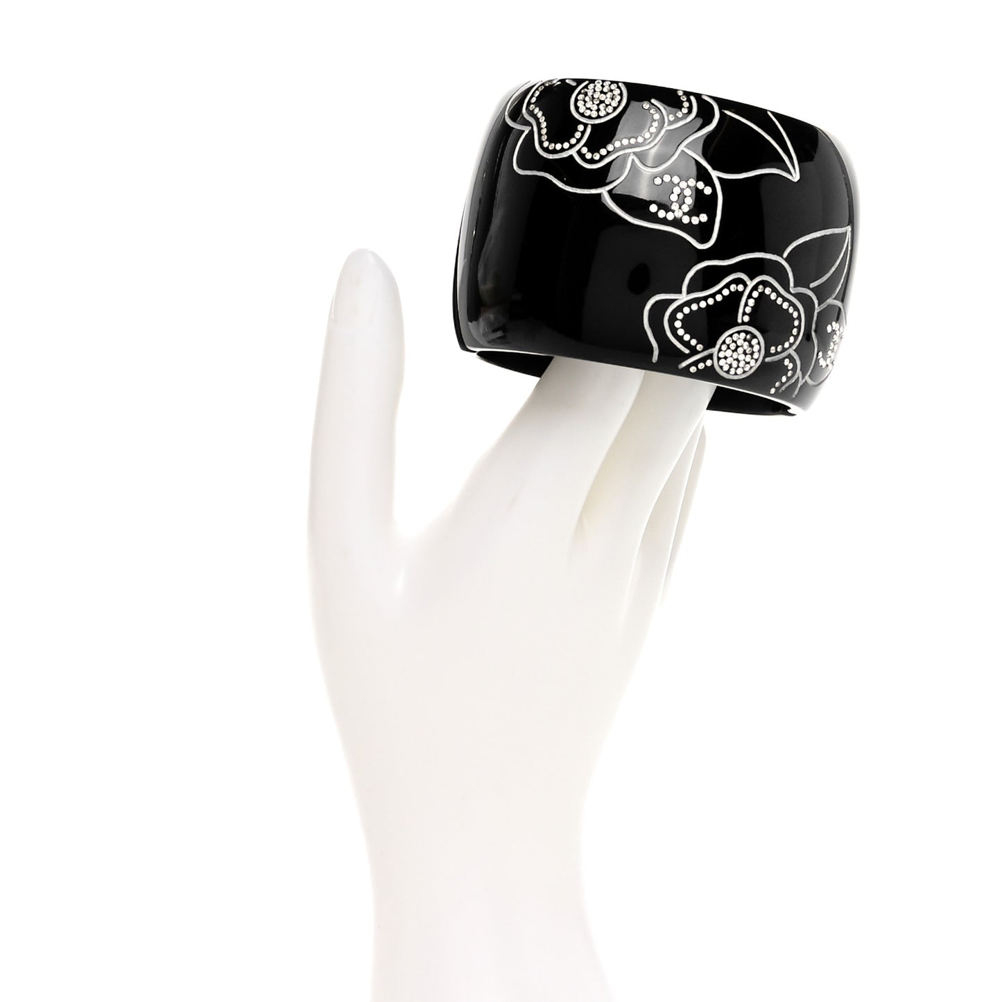 Resin Crystal Camellia CC Cuff Bracelet Black Silver
