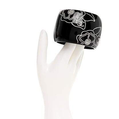 Chanel Resin Crystal Camellia CC Cuff Bracelet Black Silver 2 of 4