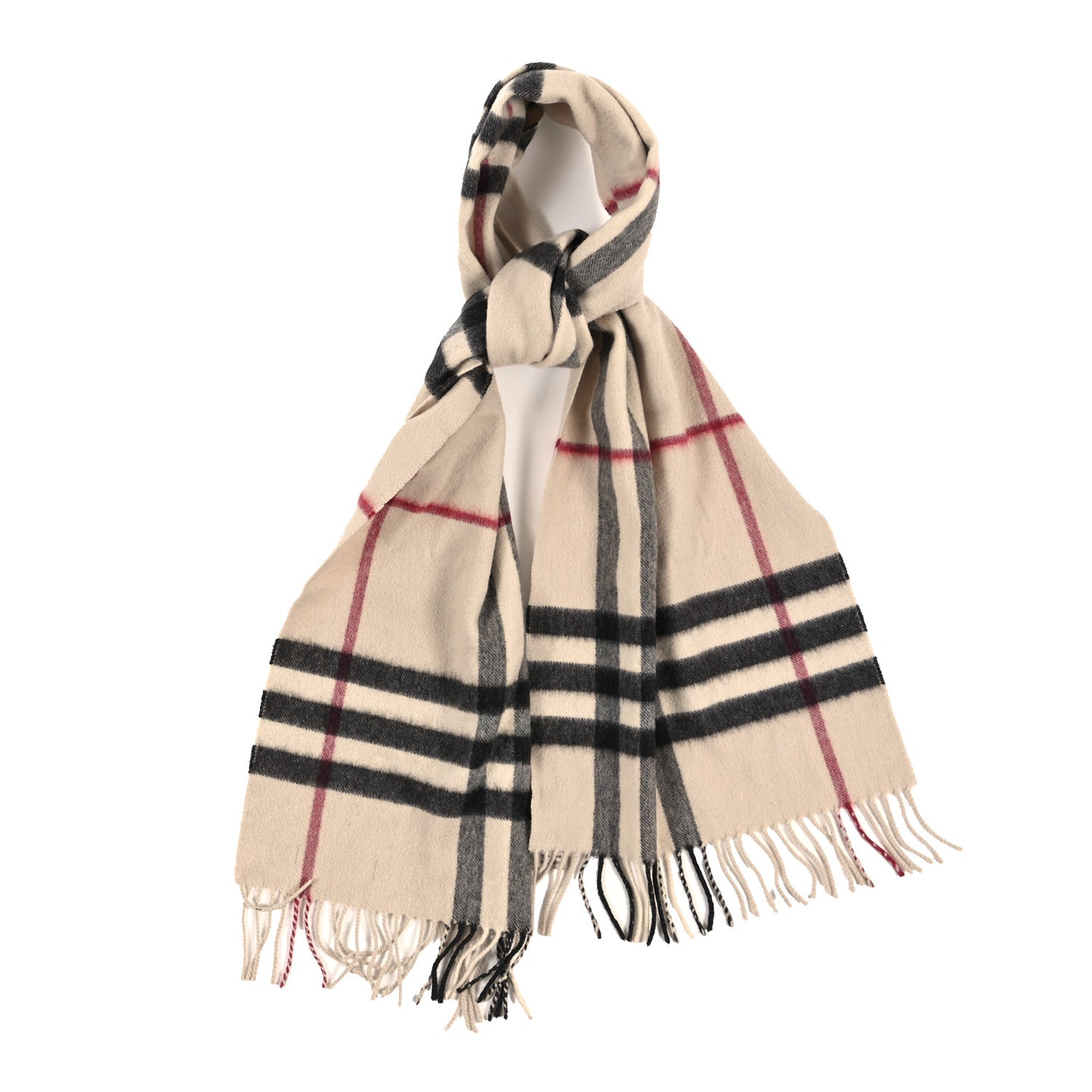 Cashmere Giant Check Fringe Scarf Ivory