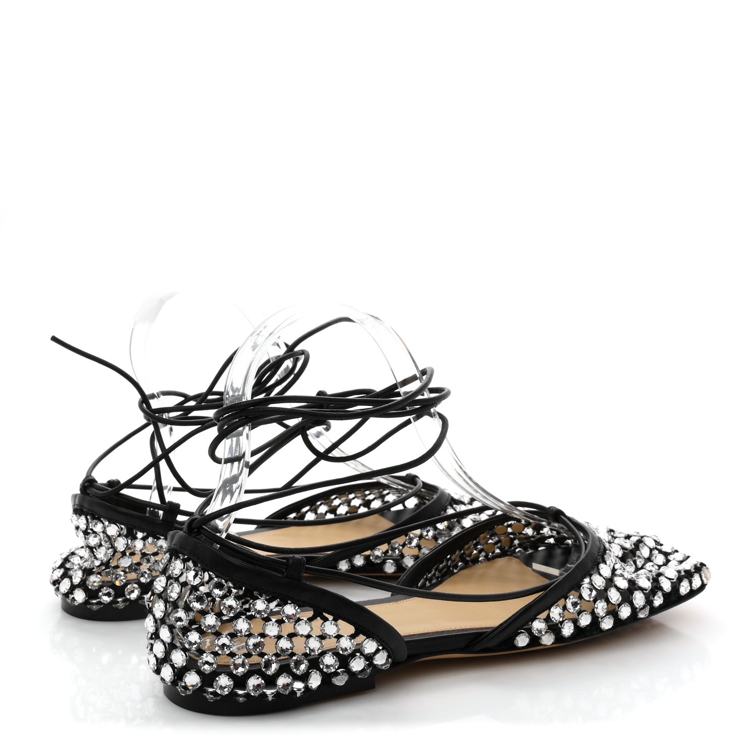 Bottega Veneta Mesh Nappa Crystal Embellished Sparkle Stretch Ankle Tie Flats 38 Black 5 of 8