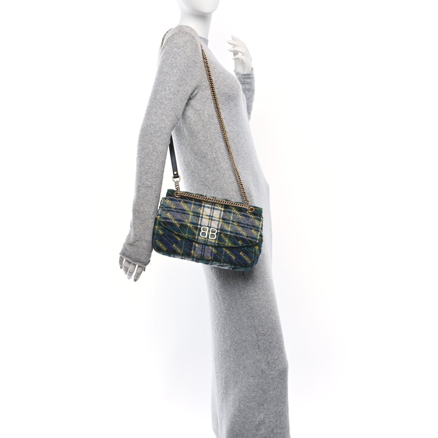 Wool Plaid Diagonal Allover Logo Matelasse M BB Round Shoulder Bag Green Blue Yellow
