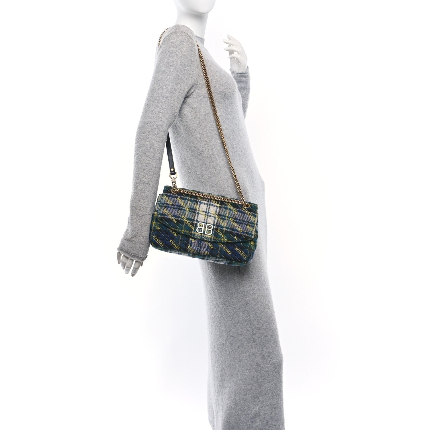 Balenciaga Wool Plaid Diagonal Allover Logo Matelasse M BB Round Shoulder Bag Green Blue Yellow 2 of 9