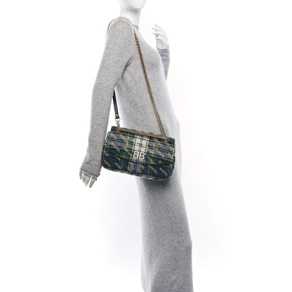 Balenciaga Wool Plaid Diagonal Allover Logo Matelasse M BB Round Shoulder Bag Green Blue Yellow 2 of 9