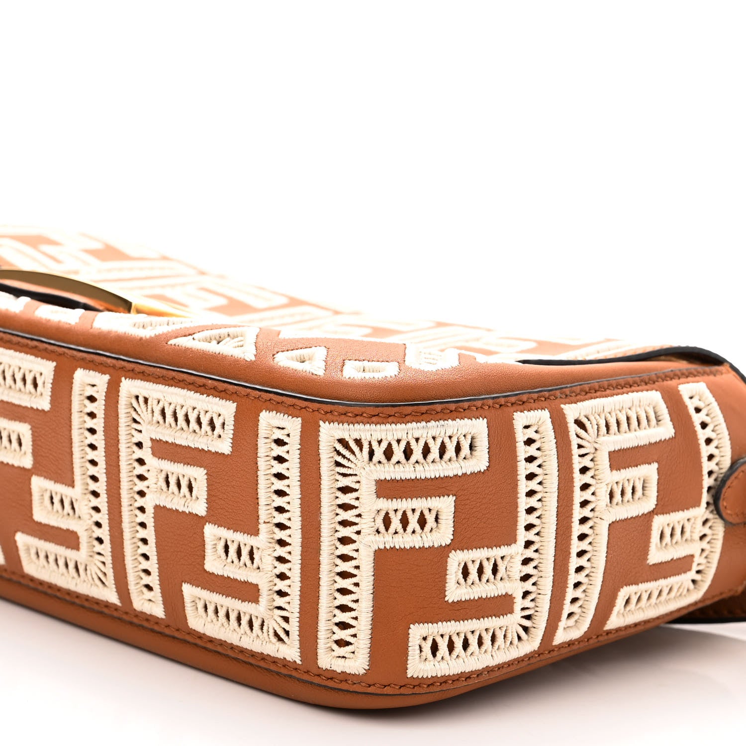 Fendi Vitello Seta FF Ajour Embroidered Baguette Brandy 8 of 8