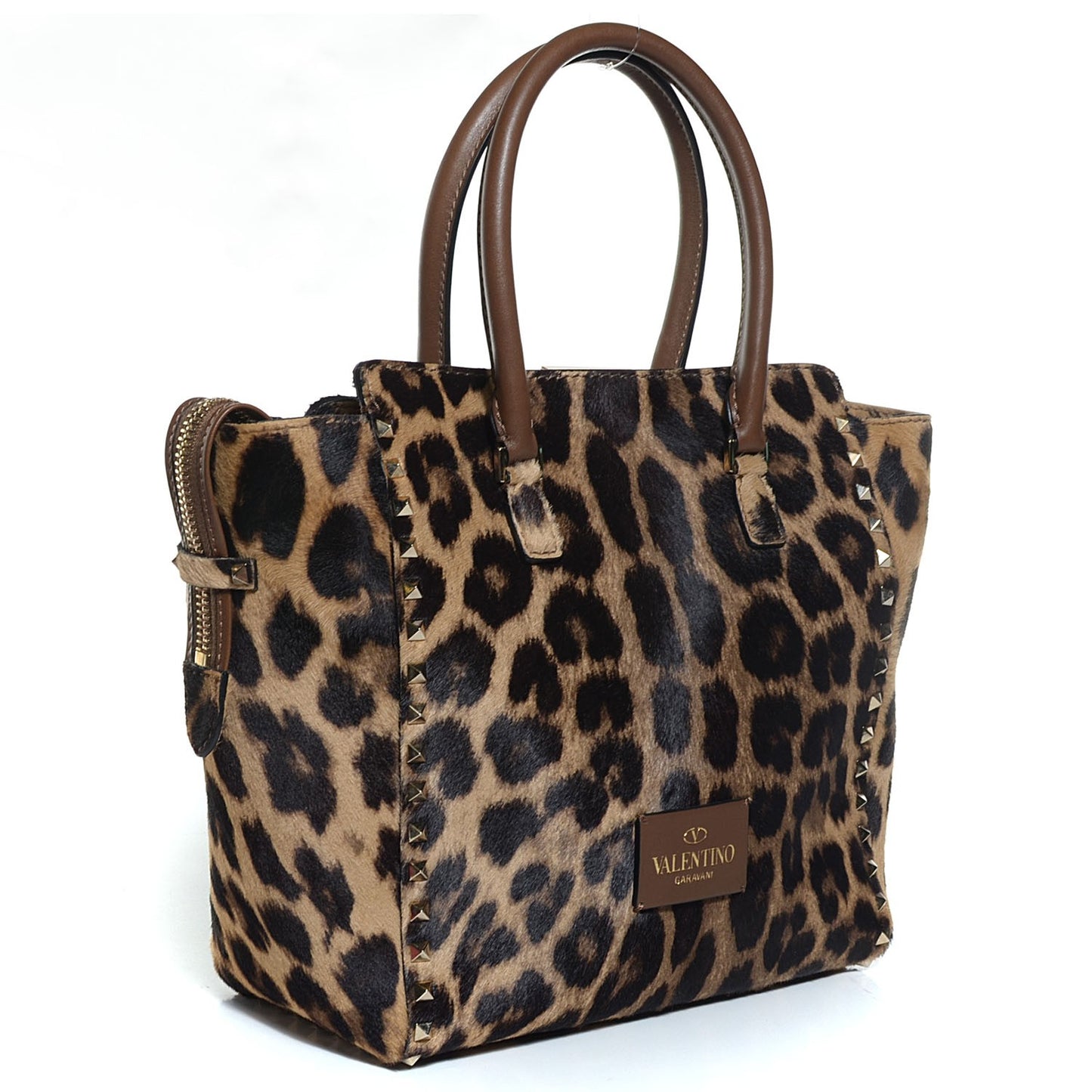 Calf Hair Leopard Print Rockstud Double Handle Tote Leopard