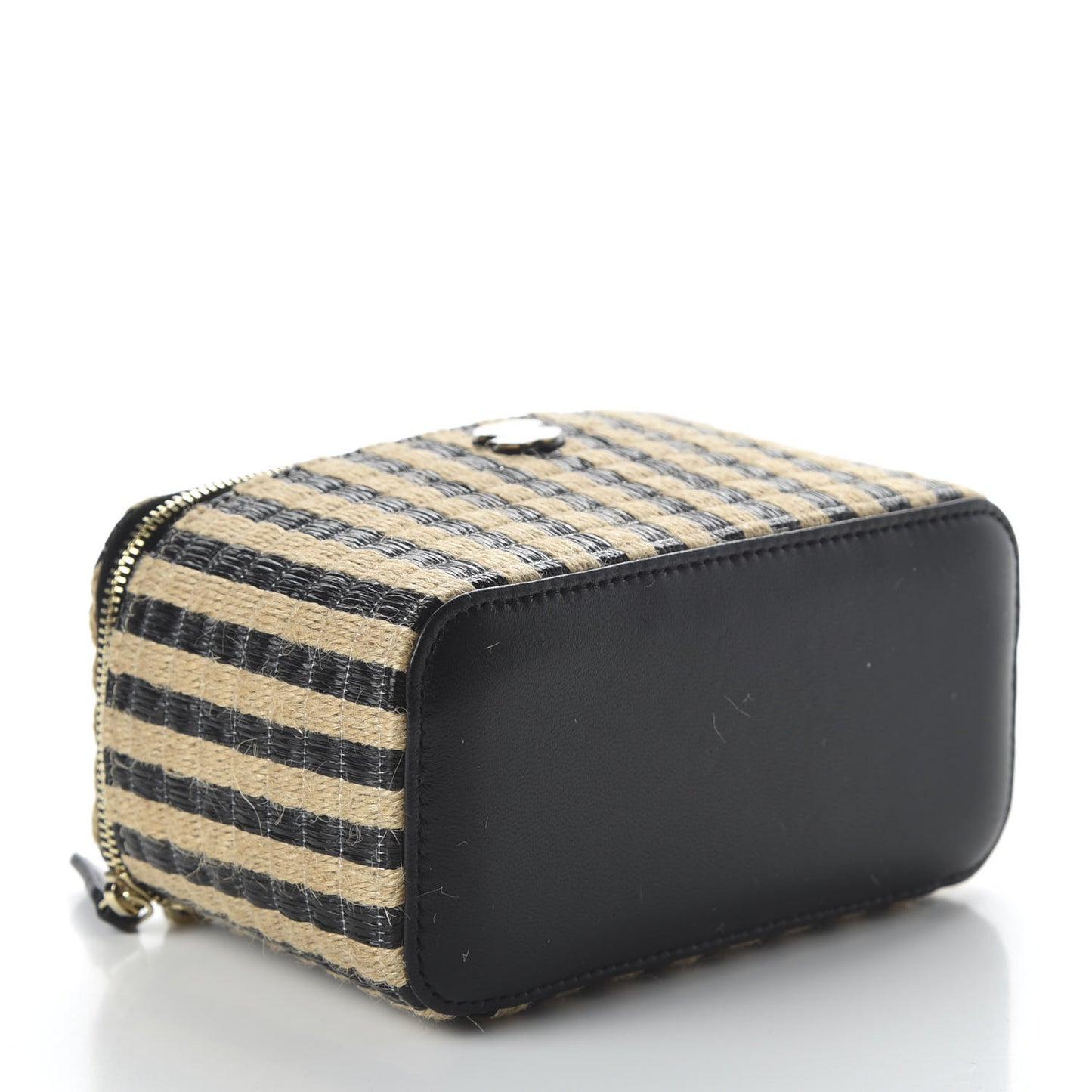 Raffia Jute Striped Small Vanity Case With Chain Black Beige