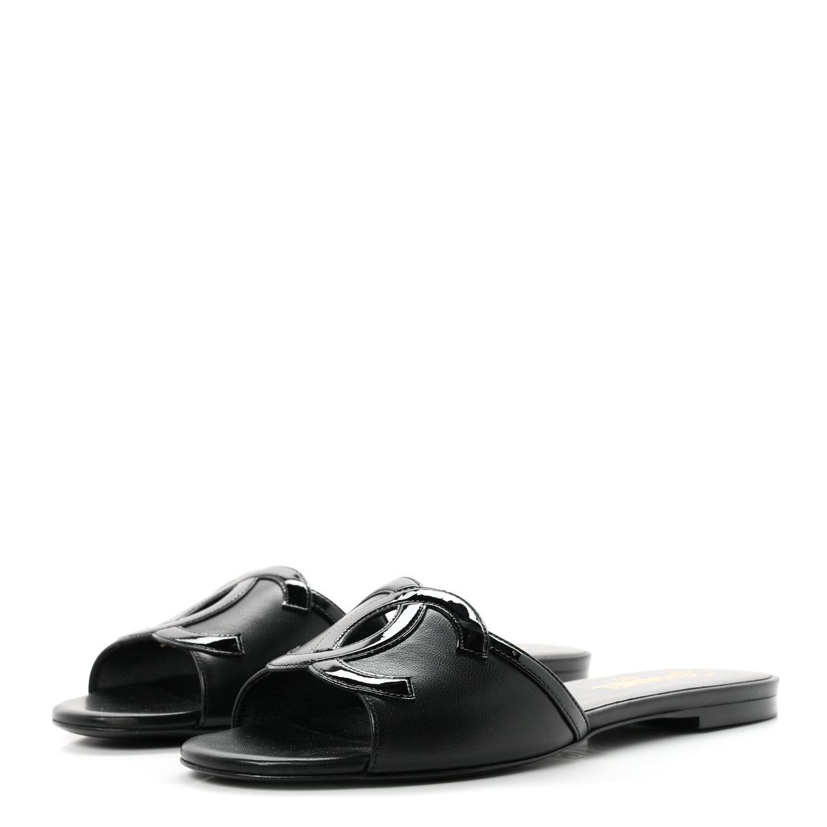 Lambskin Patent Calfskin CC Cutout Mules 39.5 Black