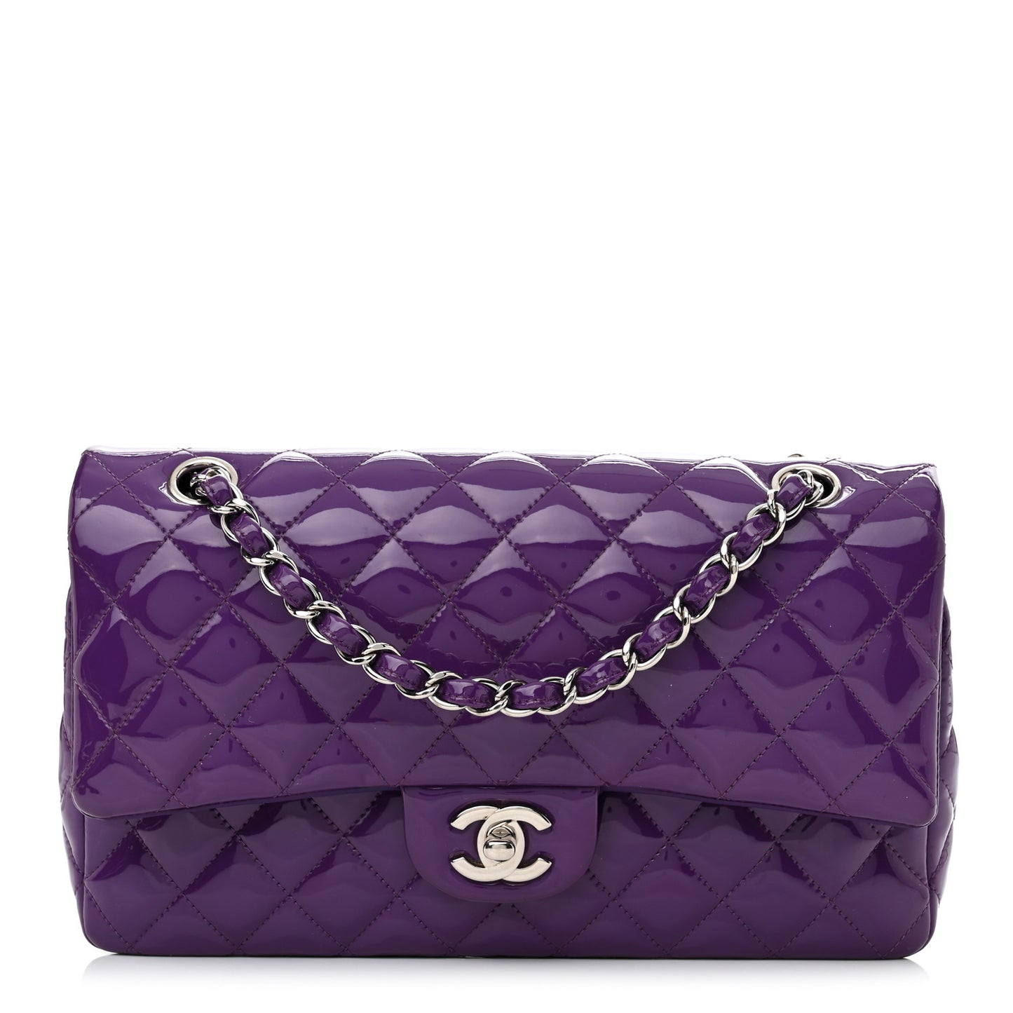 Patent Calfskin Quilted Medium Double Flap Purple