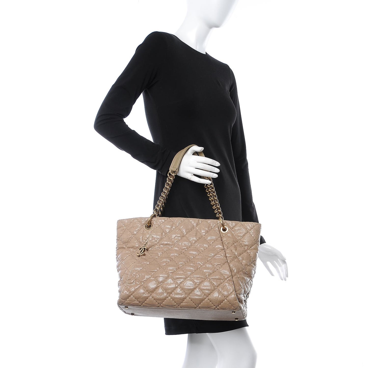 Crumpled Grained Calfskin Large Coco Pleats Tote Beige