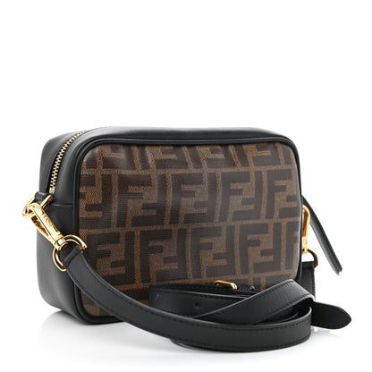Fendi Glazed Fabric Vitello Century FF 1974 Stamp Patch Mini Camera Case Mogano Panna Black 3 of 10