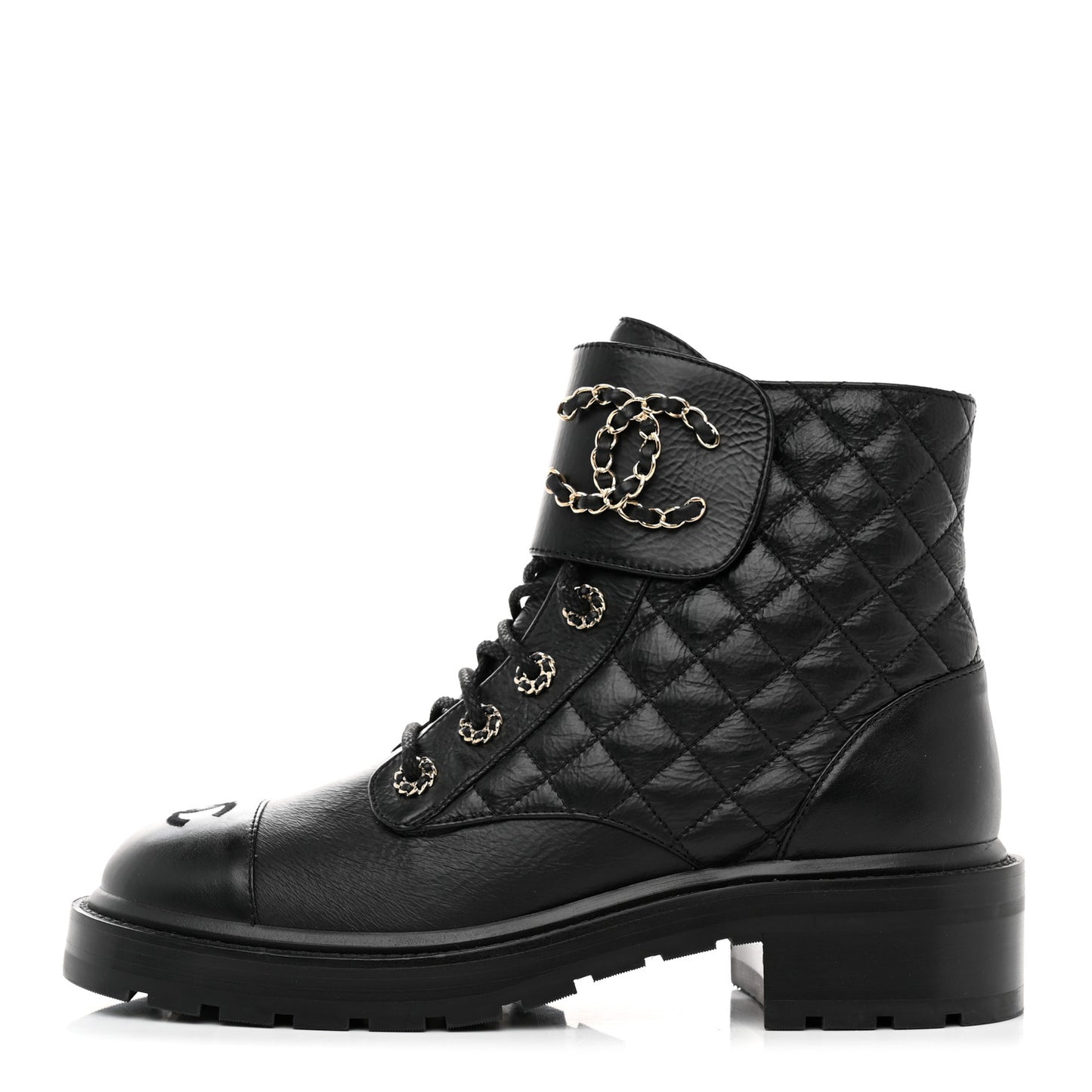 Shiny Goatskin Calfskin Quilted Lace Up Combat Boots 39 Black