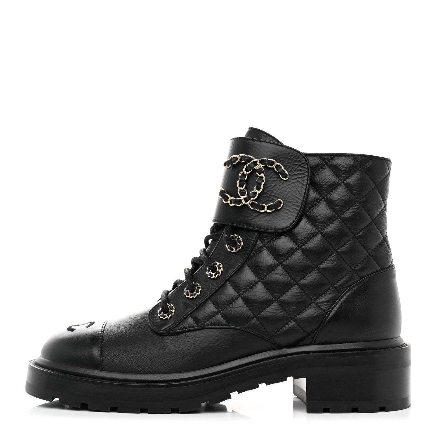 Chanel Shiny Goatskin Calfskin Quilted Lace Up Combat Boots 39 Black 1 of 9