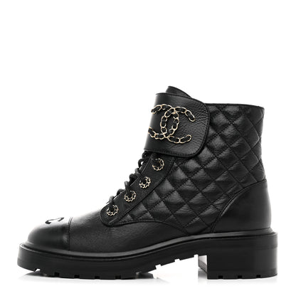 Chanel Shiny Goatskin Calfskin Quilted Lace Up Combat Boots 39 Black 1 of 9