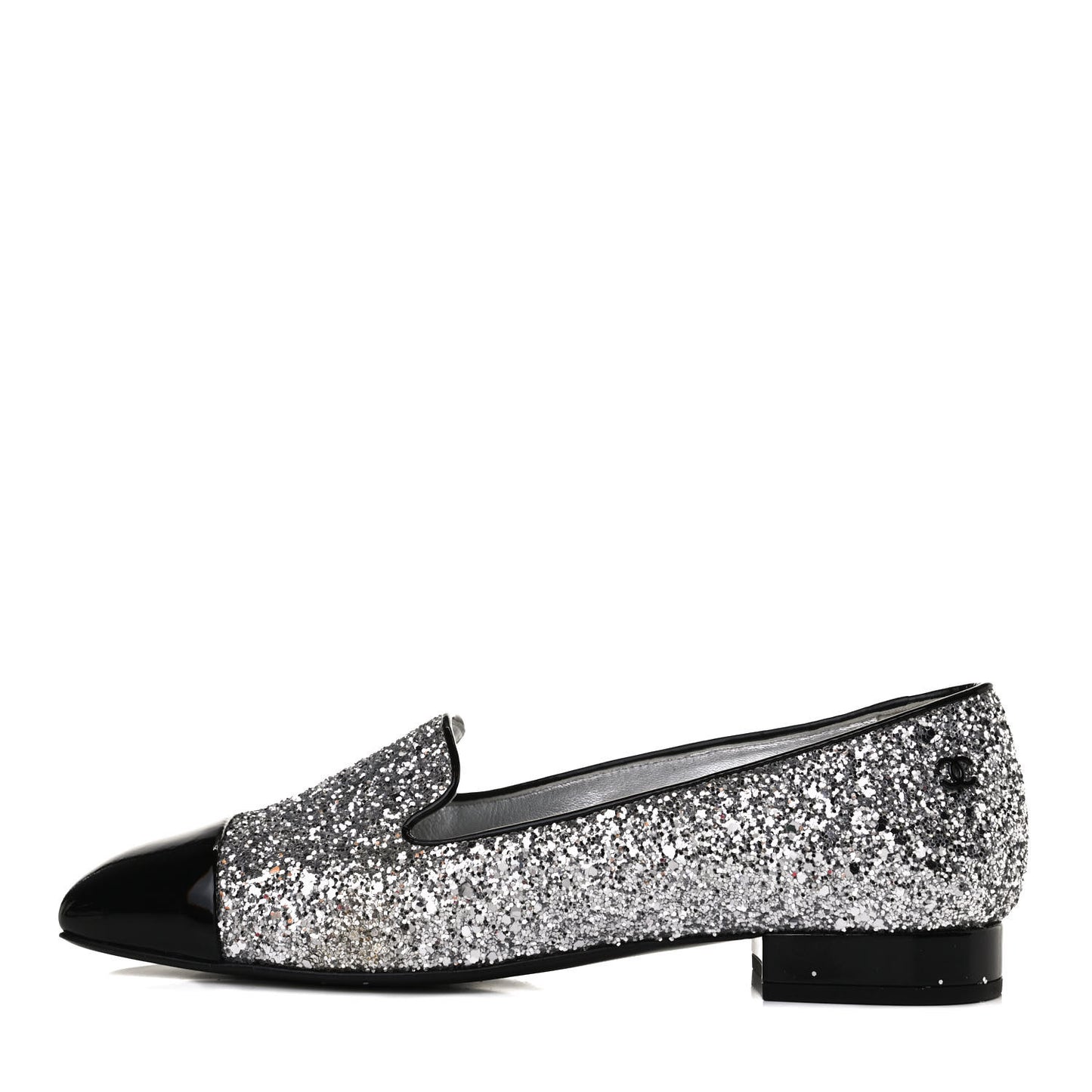 Glitter Fabric Patent Calfskin Mocassin Loafers 36.5 Black Silver