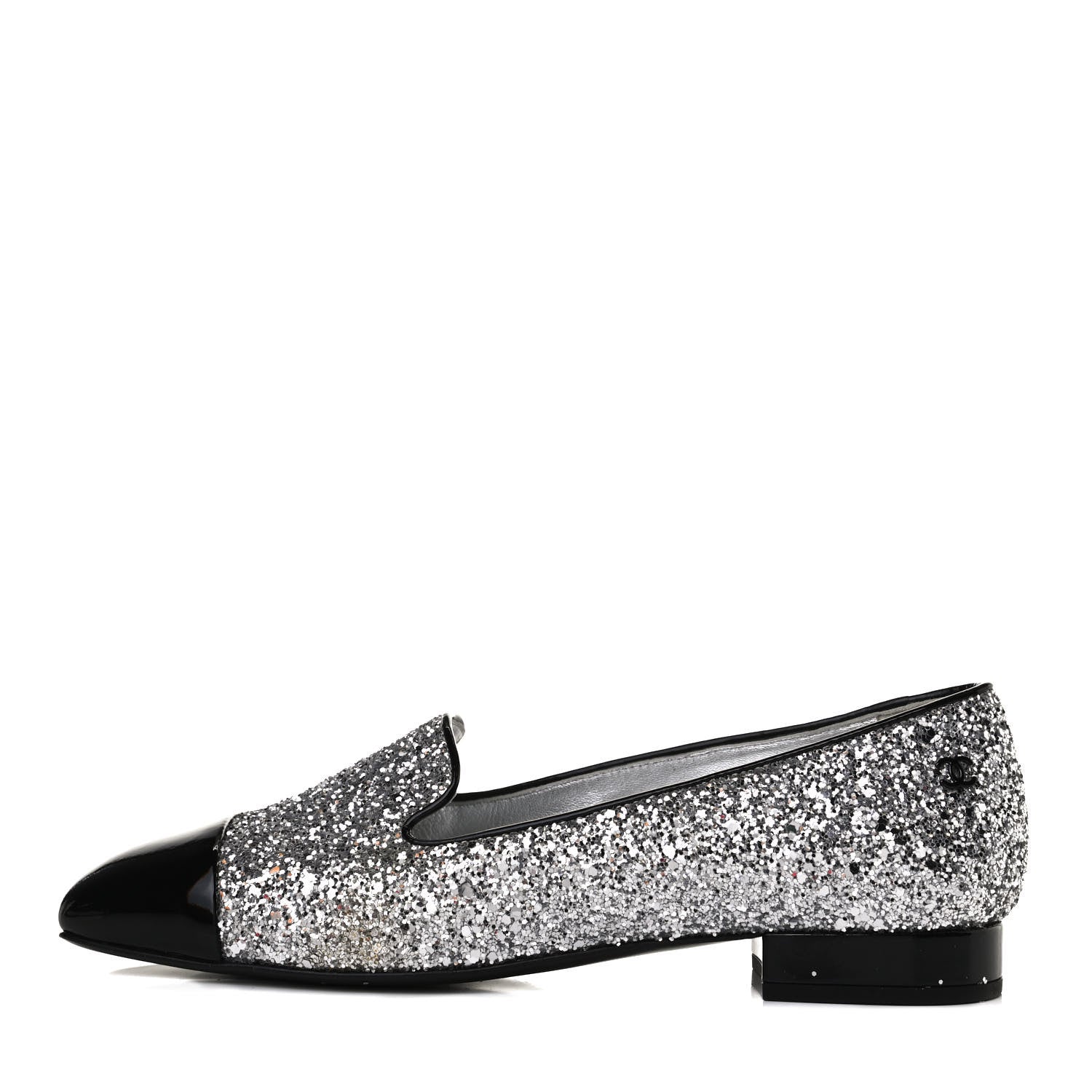 Chanel Glitter Fabric Patent Calfskin Mocassin Loafers 36.5 Black Silver 1 of 12