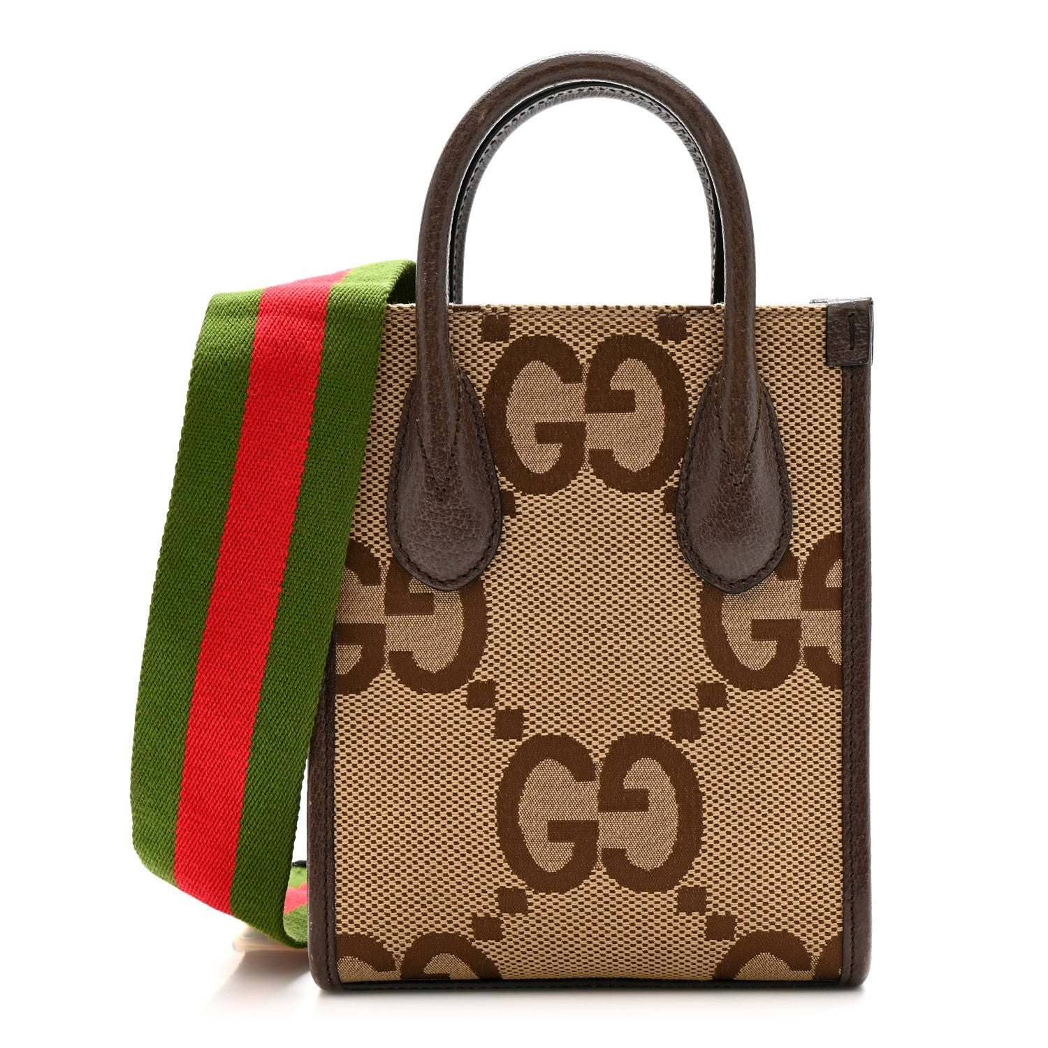Gucci Monogram Jumbo GG Textured Dollar Calfskin Web Mini Vertical Tote Camel Ebony New Acero 1 of 11