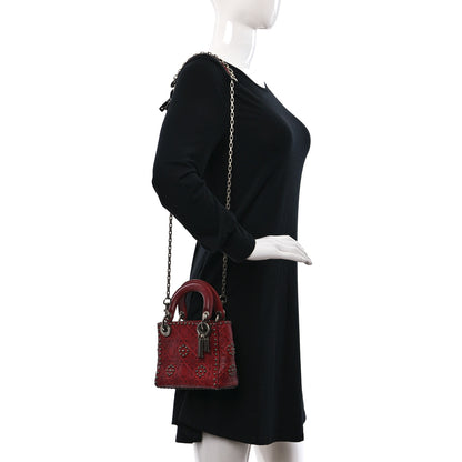 Christian Dior Calfskin Embossed Cannage Flower Studded Mini Lady Dior Bag Red 2 of 8