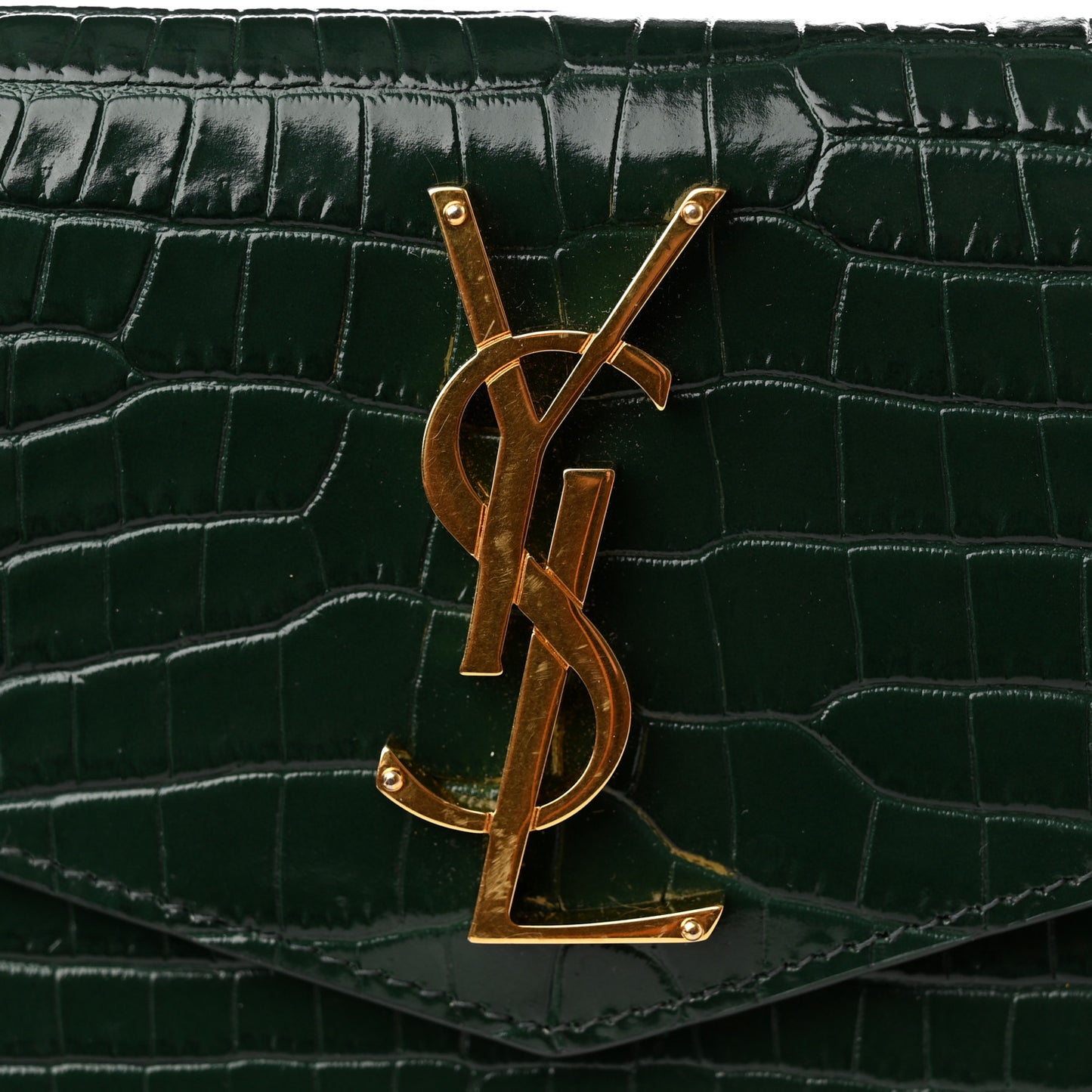 Calfskin Crocodile Embossed Uptown Monogram Clutch Dark Green
