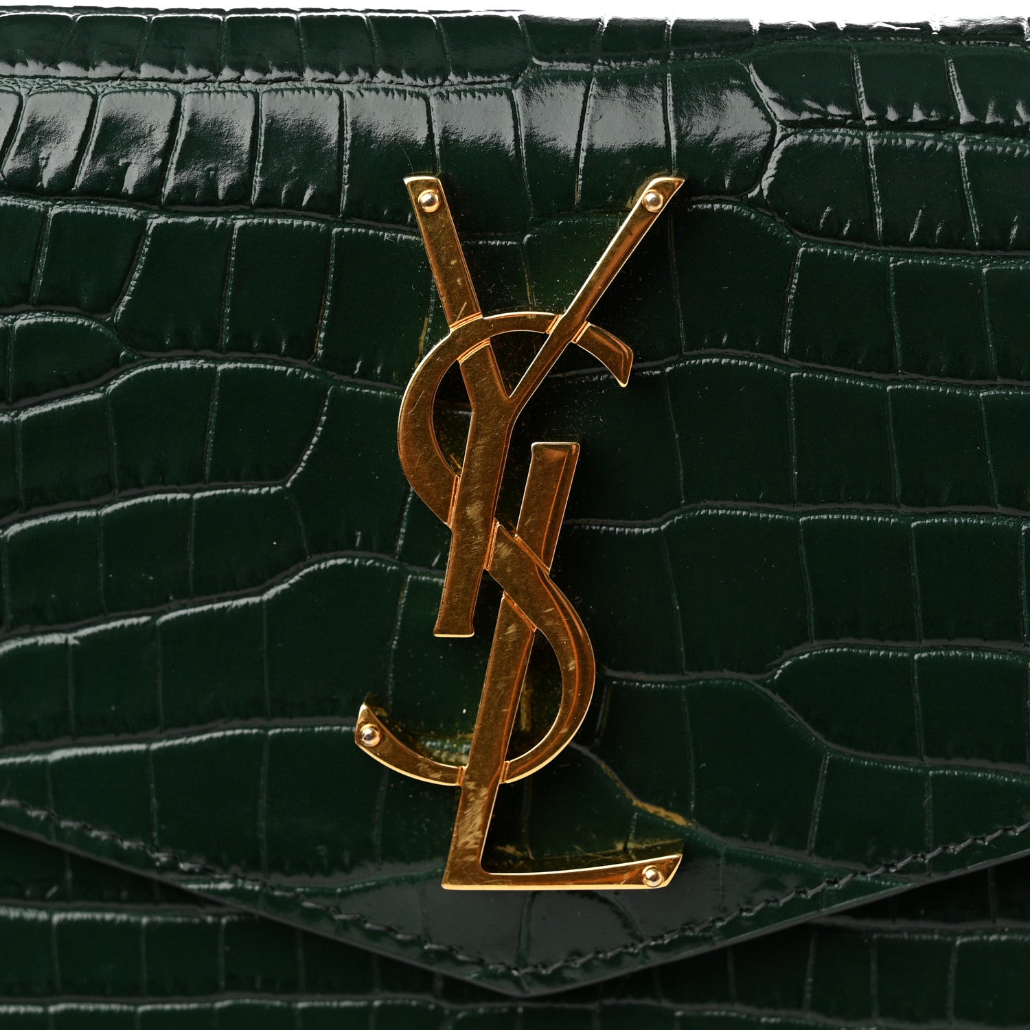 Saint Laurent Calfskin Crocodile Embossed Uptown Monogram Clutch Dark Green 9 of 10