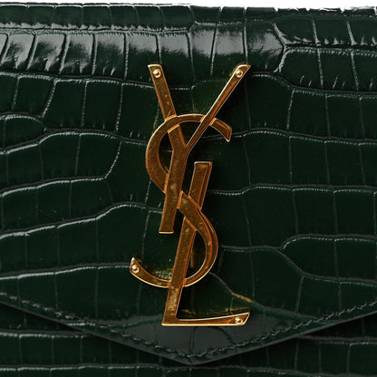Saint Laurent Calfskin Crocodile Embossed Uptown Monogram Clutch Dark Green 9 of 10