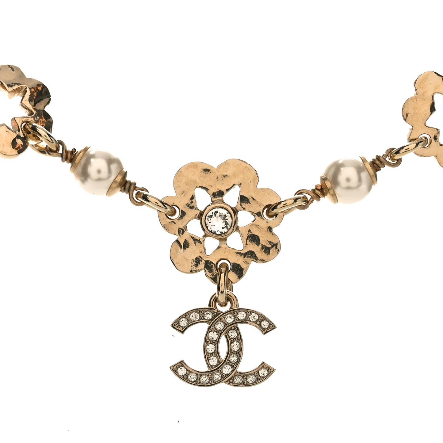 Metal Crystal Pearl CC Camellia Choker Necklace Gold