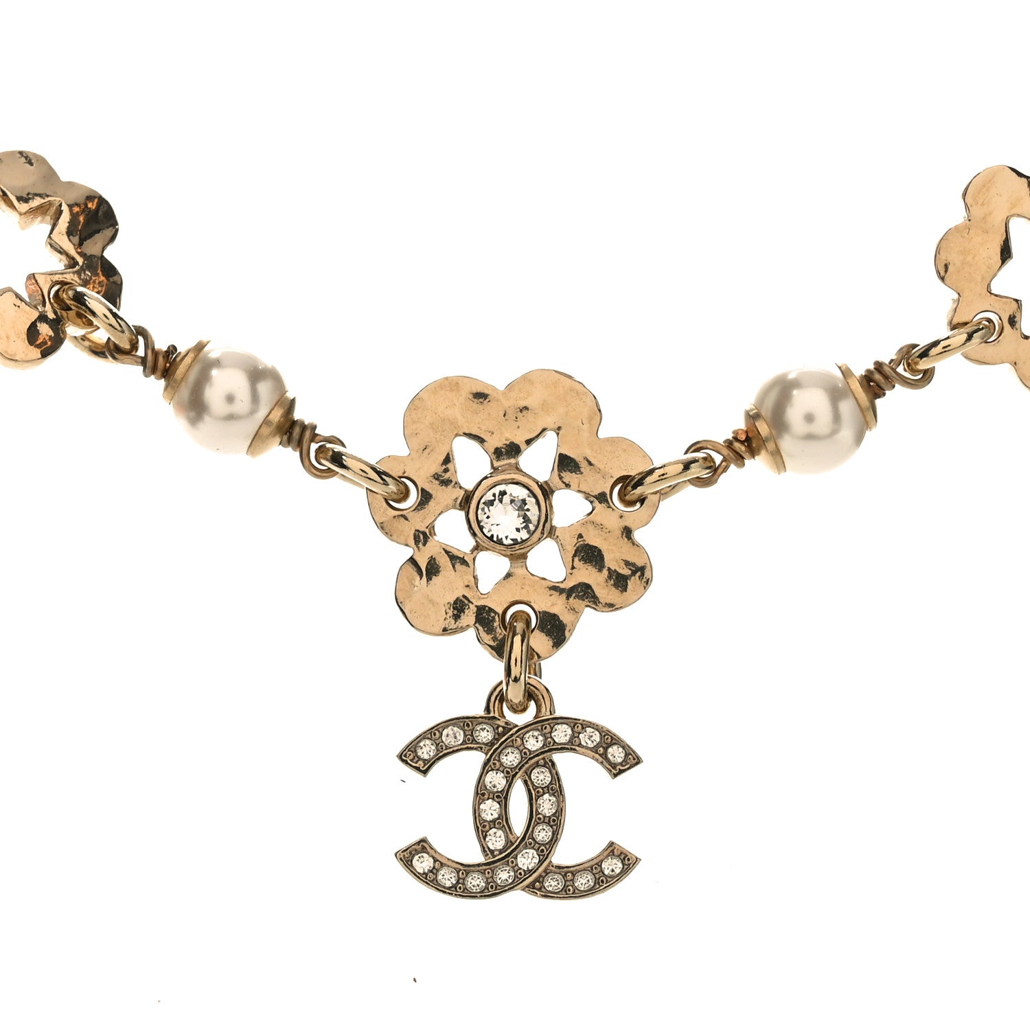 Chanel Metal Crystal Pearl CC Camellia Choker Necklace Gold 3 of 4