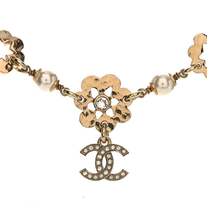 Chanel Metal Crystal Pearl CC Camellia Choker Necklace Gold 3 of 4